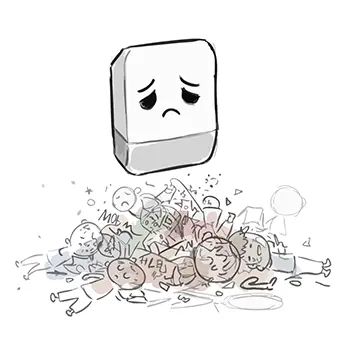 自分が消した失敗作の山を見て、悲しい顔を浮かべる消しゴムの無料イラスト。