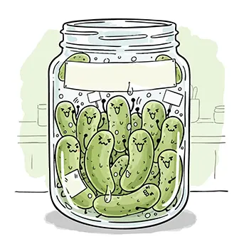 ガラス瓶にぎゅうぎゅう詰めにされ、窮屈そうで不満げな表情のピクルスたちの擬人化無料イラスト。
