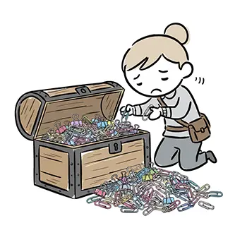 宝箱を開けたら中身が大量のクリップで、がっかりと膝をつく女性の無料イラスト。