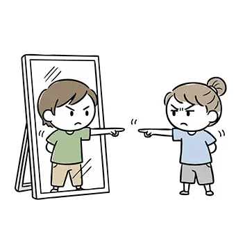 鏡に映ったもう一人の自分と、お互いに厳しい表情で指を差し合っている人物の無料イラスト。