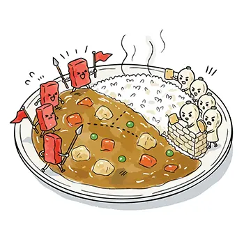 お皿の上のカレーライスを舞台に、擬人化されたカレールーの軍隊と福神漬けの軍隊が戦っている無料イラスト。