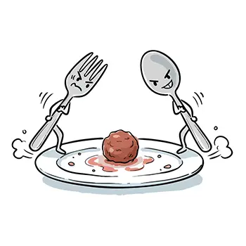 お皿の上の最後の一個のミートボールを巡って、擬人化されたフォークとスプーンが睨み合っている無料イラスト。