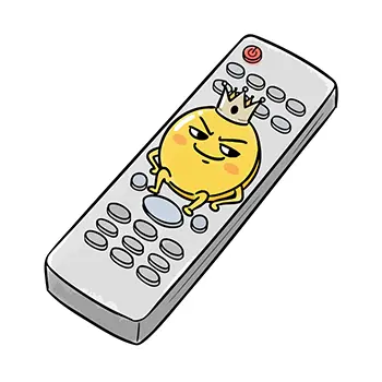 テレビのリモコンの上で、王冠をかぶったキャラクターが偉そうにふんぞり返っている無料イラスト。
