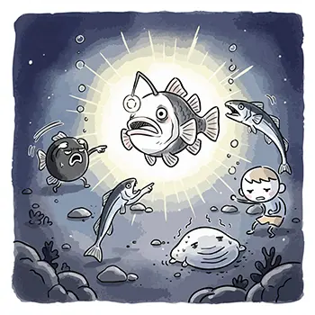 暗い深海で、チョウチンアンコウが光を放ち、周りの魚や人から注目を浴びている無料イラスト。