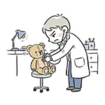 テディベアを真剣に診察する医者の無料イラスト | 小児科フリー素材