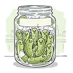 瓶詰めで窮屈そうなピクルスたちの無料イラスト | 擬人化食べ物フリー素材