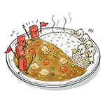 カレーライスの上で戦うカレールーと福神漬けの無料イラスト | 擬人化フリー素材