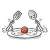 最後の一口！ミートボールを巡るフォークとスプーンの対決無料イラスト