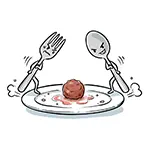 ミートボールを巡り対峙するフォークとスプーンの無料イラスト | 擬人化フリー素材