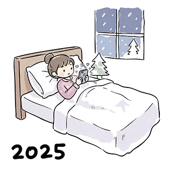 クリスマスの夜、ベッドでスマホを見ている女性の無料イラスト(2025年・雪)