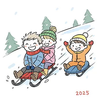 2025年の冬、雪山でソリ滑りをして遊ぶ3人の子供たちの無料イラスト。