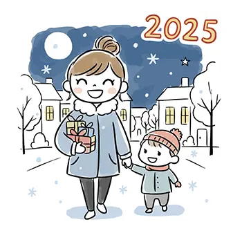 2025年のクリスマスの夜、雪が降る中、プレゼントを持って子供と手をつなぐ母親の無料イラスト。