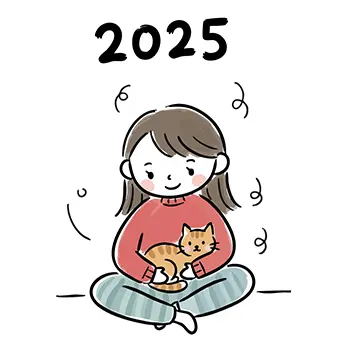 2025年、あぐらをかいて座り、腕の中の茶トラ猫を優しく抱っこしている女性の無料イラスト。