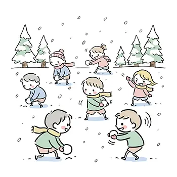 冬の雪景色の中、大勢の子供たちが楽しそうに雪合戦をして遊んでいる無料イラスト。