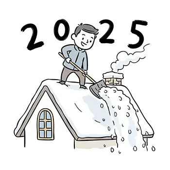 2025年の冬、家の屋根の上でスコップを使って雪下ろし作業をする男性の無料イラスト。