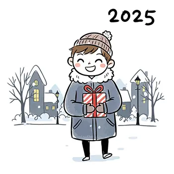 2025年の冬、雪が降る夜の街で、クリスマスプレゼントを抱えて嬉しそうに笑う男性の無料イラスト。