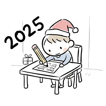 2025年のクリスマス、サンタの帽子をかぶり、机でサンタクロースへの手紙を一生懸命書いている男の子の無料イラスト。
