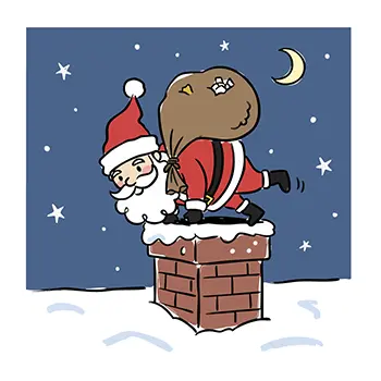 クリスマスイブの夜、雪が積もった屋根の上で、プレゼント袋を背負って煙突から入ろうとするサンタクロースの無料イラスト。