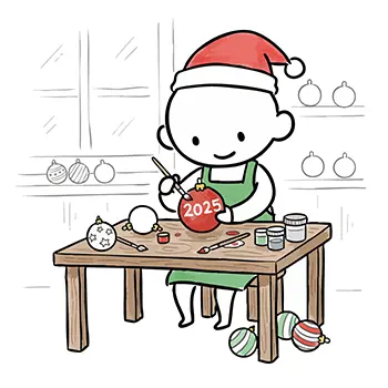 2025年のクリスマスに向け、サンタ帽をかぶった人が工房でオーナメントに「2025」と絵付け（手作り）している無料イラスト。