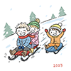 雪山でソリ遊びをする子供たちの無料イラスト（2025年・冬）