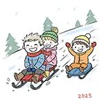雪山でソリ遊びをする子供たちの無料イラスト（2025年・冬）