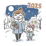 クリスマスの夜に手をつないで歩く親子の無料イラスト（2025年）