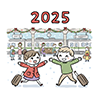 クリスマスの駅で再会を喜ぶカップルの無料イラスト（2025年・冬）