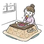 こたつで焼き芋を食べる女性の無料イラスト（冬・おやつ）