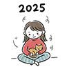 あぐらで猫を抱っこする女性の無料イラスト（2025年・ペット）