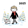 2025年クリスマス・犬と雪道を散歩する男性の無料イラスト
