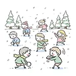 冬に雪合戦をして遊ぶ子供たちの無料イラスト（雪遊び）