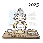 クリスマスのお菓子を作るおばあちゃんの無料イラスト（2025年・冬）