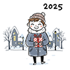2025年冬・雪の街でクリスマスプレゼントを持つ男性の無料イラスト