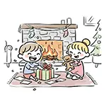 クリスマスプレゼントを開ける子供たちの無料イラスト（暖炉・2025年）