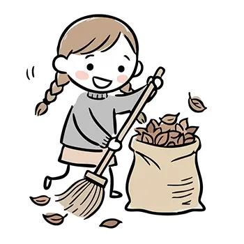  落ち葉掃きをする女の子のイラスト。ほうきで秋の枯葉を集めている。