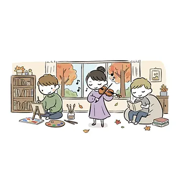  秋の室内で過ごす子供たちのイラスト。絵を描く男の子、バイオリンを弾く女の子、本を読む男の子。