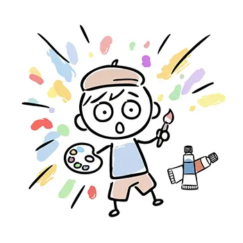  アイデアを閃いて驚く画家の男の子のイラスト。絵の具が飛び散っている。