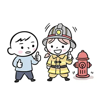 女性消防士と男性が消火栓の前で「いいね」のポーズをするイラスト。防災・安全確認のイメージ。