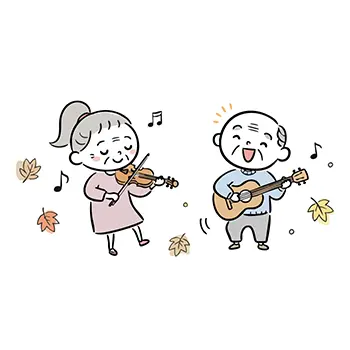 音楽を演奏するシニア夫婦のイラスト。おばあさんがバイオリン、おじいさんがギターを弾いている。