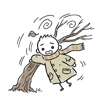  強い風に飛ばされそうになり、枯れ木にしがみつく人のイラスト。