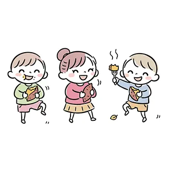  秋の味覚である焼き芋を美味しそうに食べる3人の子供たちのイラスト。