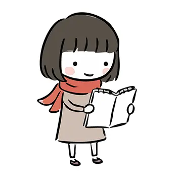  赤いマフラーを巻いて、本を読んでいる女の子のイラスト。読書の秋。