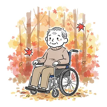  美しい紅葉の森の中で、車椅子に乗って微笑むおじいさんのイラスト。
