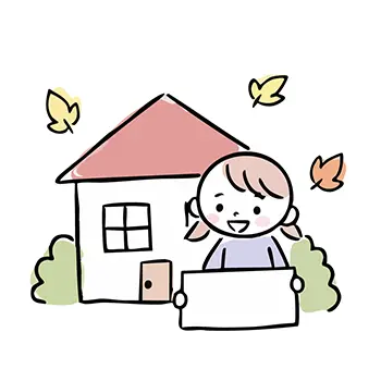  家の前で空白の看板（プラカード）を持つ女の子のイラスト。お知らせ用。