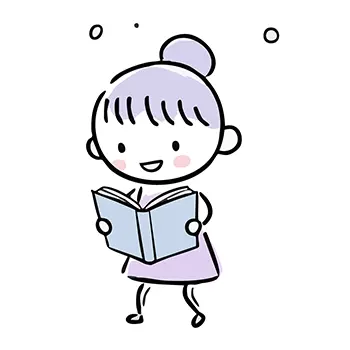 楽しそうに立って本を読んでいる女の子のシンプルなイラスト。