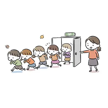  先生の誘導で建物に避難する子供たちのイラスト。秋の避難訓練。