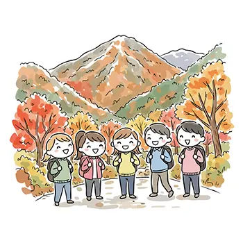  紅葉した秋の山々を背景に、笑顔でハイキング（登山）を楽しむ5人の若者グループのイラスト。
