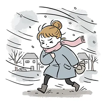  冬の吹雪、または強風の中を、コートとマフラー姿で寒そうに歩く女性のイラスト。