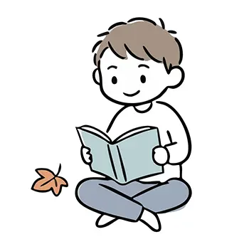  読書の秋。あぐらをかいて座り、本を読んでいる男の子のイラスト。横に紅葉の葉。