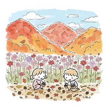  紅葉した山とコスモス畑を背景に、どんぐり拾いをして遊ぶ男の子と女の子のイラスト。秋の行楽。